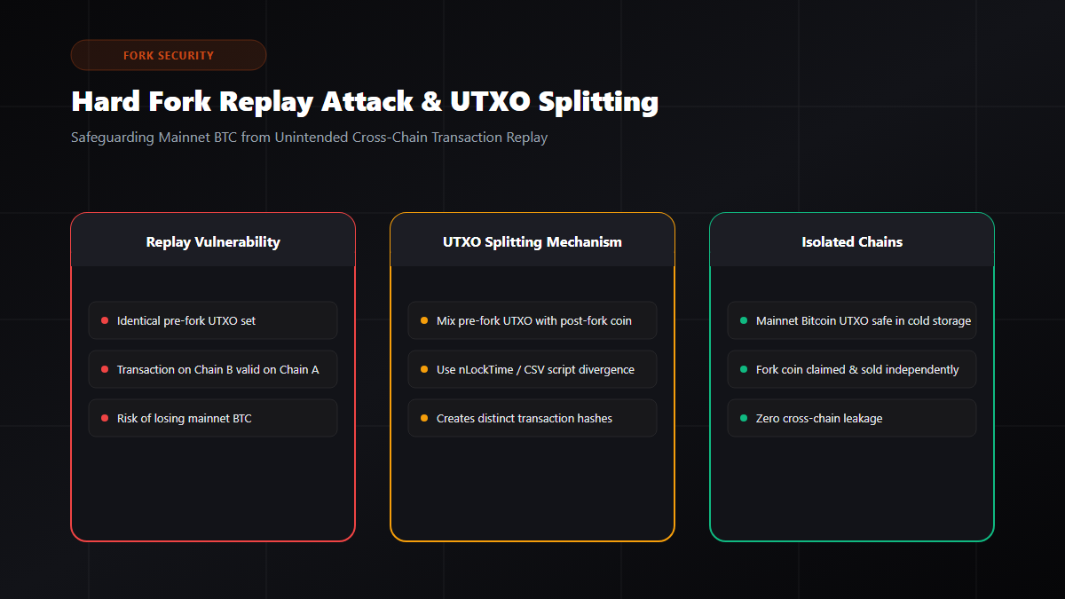 Bitcoin Fork Replay Attack and UTXO Splitting Diagram